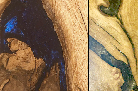 Holzfensterbank Eiche mit Epoxidharz-Füllung in blau und gold